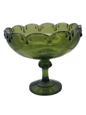 Indiana Glass Pedestal Fruit Bowl Compote Avocado Green Teardrop Garland Vintage